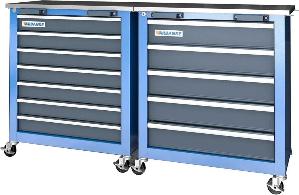 Combination Tool Cabinet and Chest - 7+5 Drawer Tool Chest for Connected Use, Rolling with 360 Brake Wheels and Padded Feet, Blue