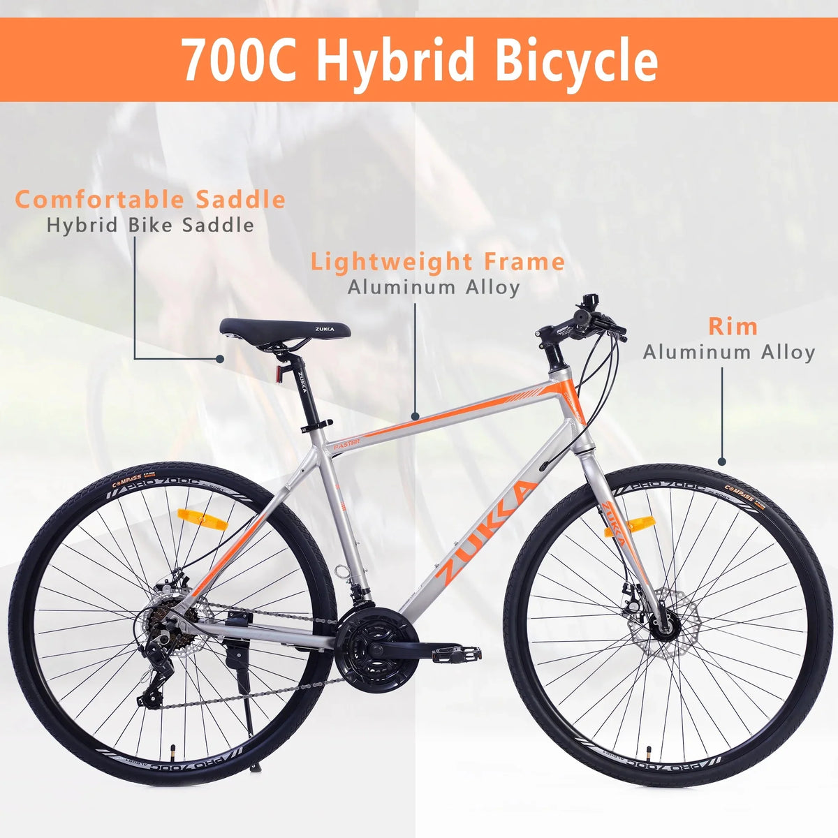 28 inch Hybrid Bike Men, Road Bike with Shimano 21 Speed, 700C Wheels, Comfort Adult Bicycle with Dual Disc Brake, 21'' Lightweight Aluminium Frame, Suggested Rider 5'6 to 6'2 Tall- Silver+Orange
