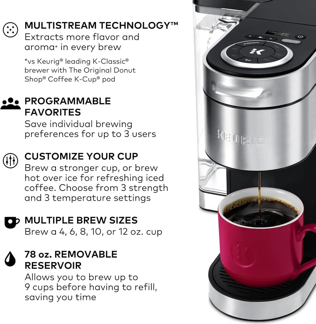 Keurig K-Supreme Plus Single Serve K-Cup Pod Coffee Maker, MultiStream Technology, Customizable Strength and Temperature Settings, Programmable, 78oz Removable Reservoir, Stainless Steel