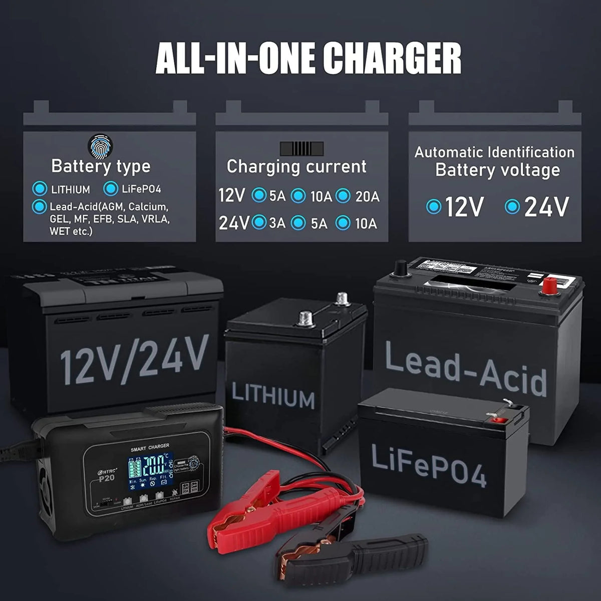 CACHOR 20-Amp Smart Battery Charger,Lithium,LiFePO4,Lead-Acid(AGM/Gel/SLA..) Car Battery Charger,Trickle Charger, Maintainer/deep Cycle Charger,12V/20A and 24V/10A,for Boat,Motorcycle,Lawn Mower,Golf