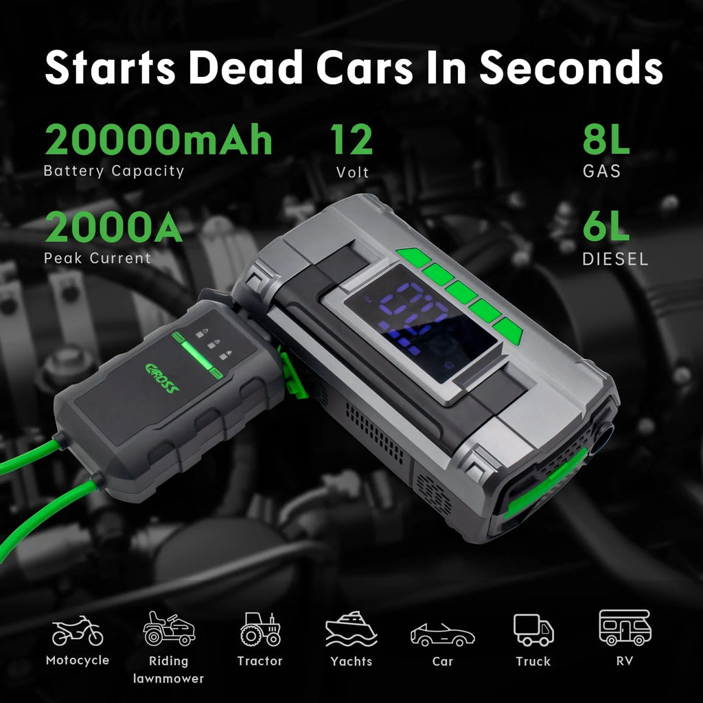 CAROSS T14 Jump Starter with 150 PSI Air Compressor, 2000A Peak 20000mAh (up to 8L Gas or 6L Diesel Engines) Patented Green Jumper Cable, USB QC 3.0 Quick Charge, 3.6'' Big Screen, 3 Light modes