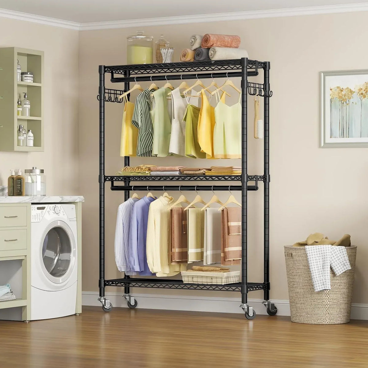 R2 Plus Heavy Duty Rolling Garment Rack 3 Tiers Adjustable Wire Shelving Clothes Rack with Double Rods and Side Hooks, Freestanding Wardrobe Storage Rack Metal Clothing Rack, Black
