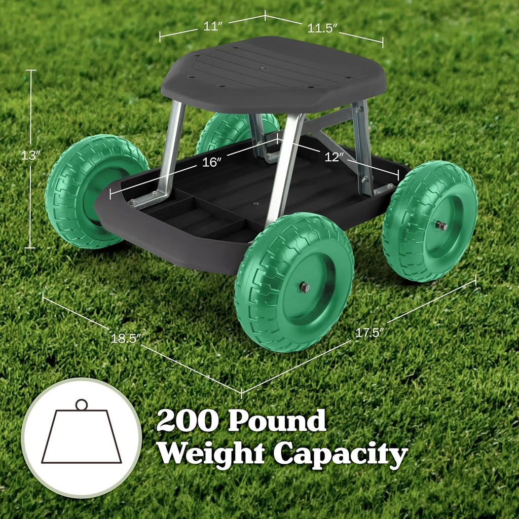 Pure Garden 82-VY021 Cart Rolling Stool with Wheels Seat, and Tool Tray for Weeding, Planting, or Lawn Care – Gardening Accessories and Supplies, 17.5x19, Green/Black