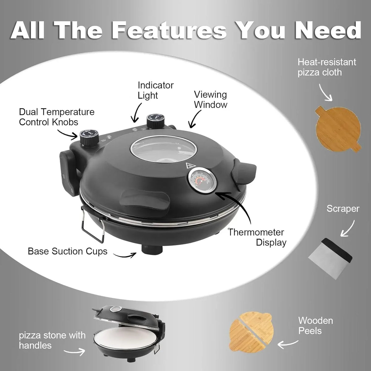 Pizza Maker Electric, 4-Min-Pizza in 1200W Pizza Oven, 31cm Refractory Stone Plate, Max 420â?Pizza Maker with 5 Cooking Levels, inkl. Pizza Peels & Scraper & Recipe, Black (black)