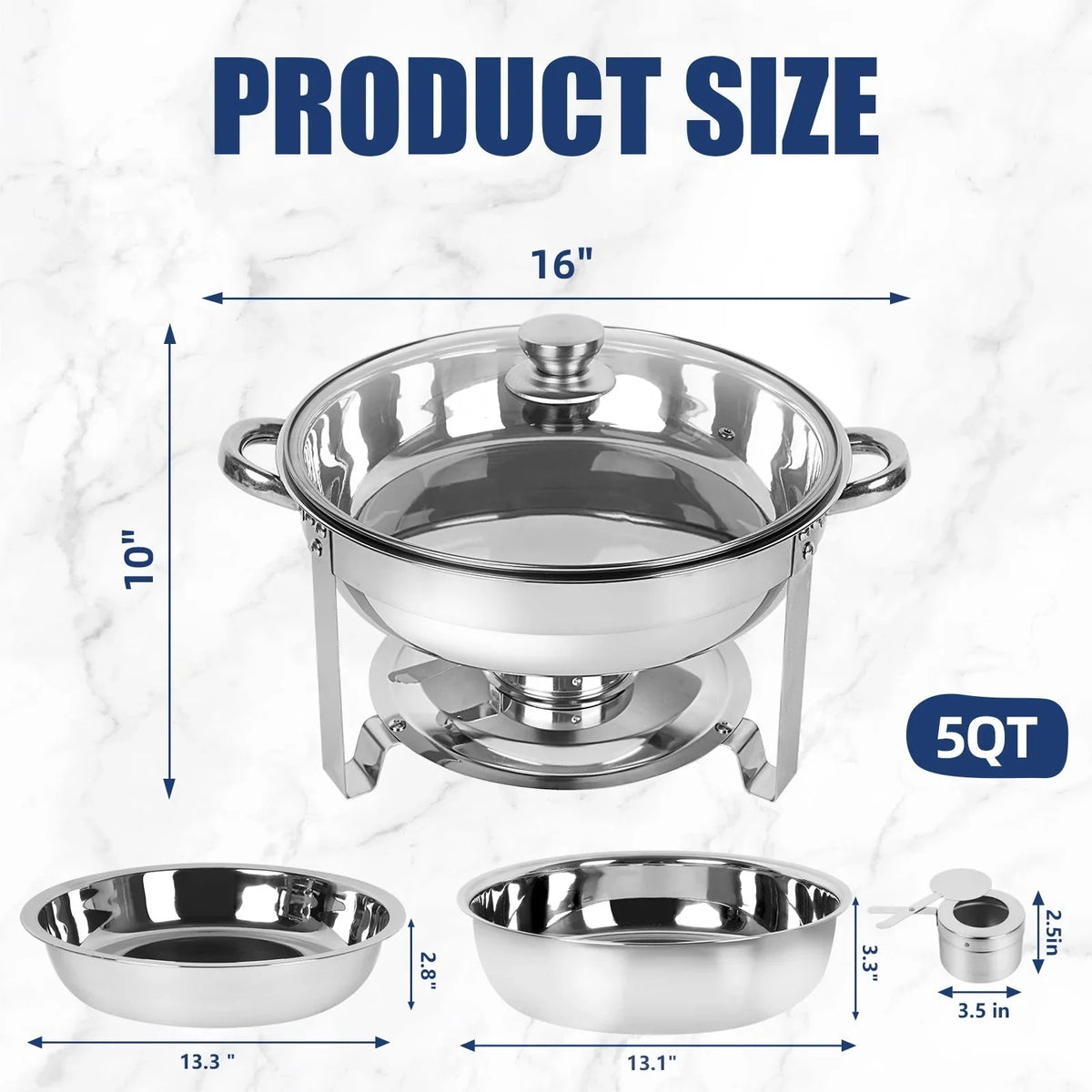 IMACONE 5QT Chafing Dish Buffet Set 2-Pack with Glass Lid, Stainless Steel Round Chafer Set for Catering