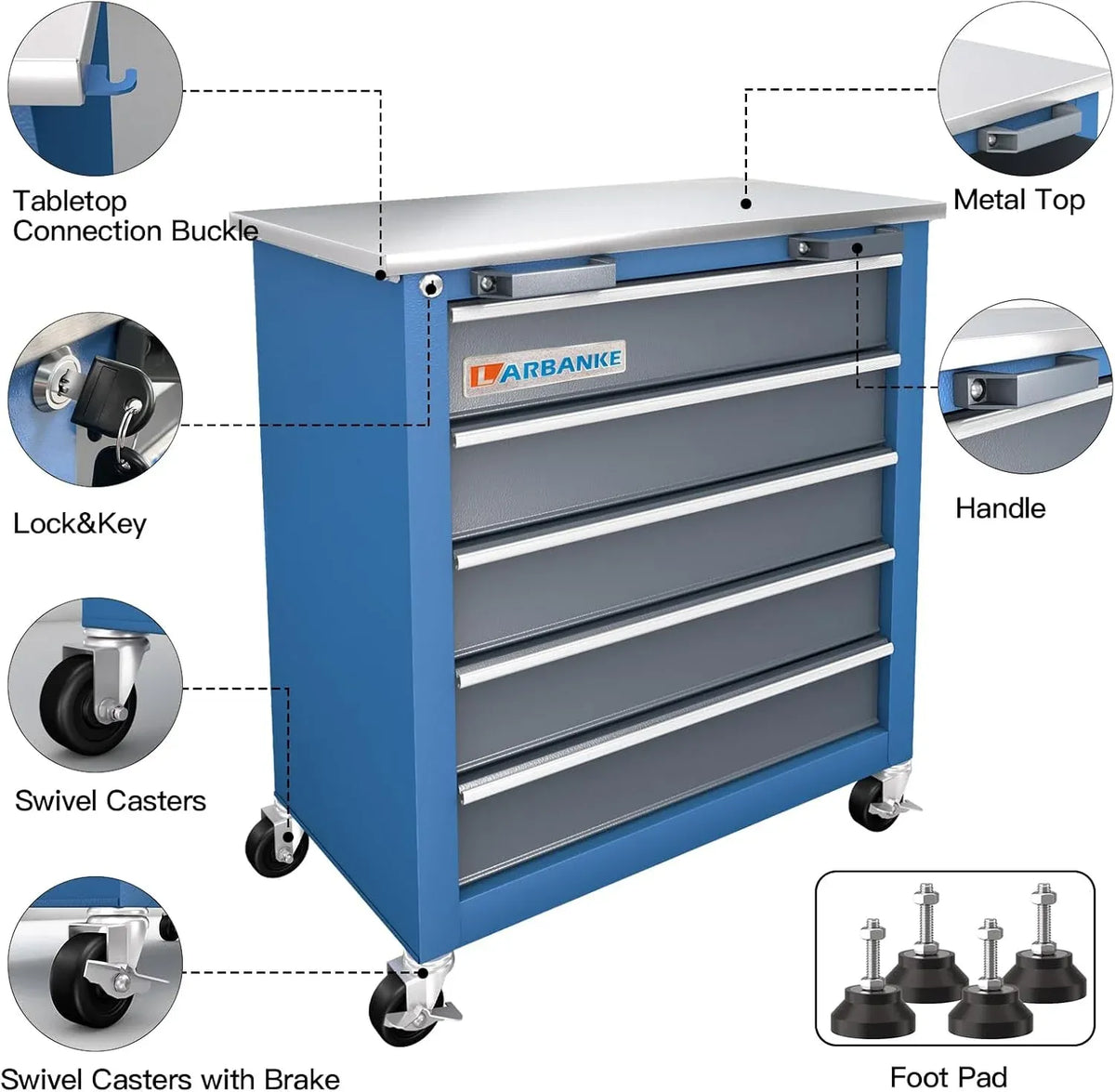 Combination Tool Cabinet and Chest - 7+5 Drawer Tool Chest for Connected Use, Rolling with 360 Brake Wheels and Padded Feet, Blue