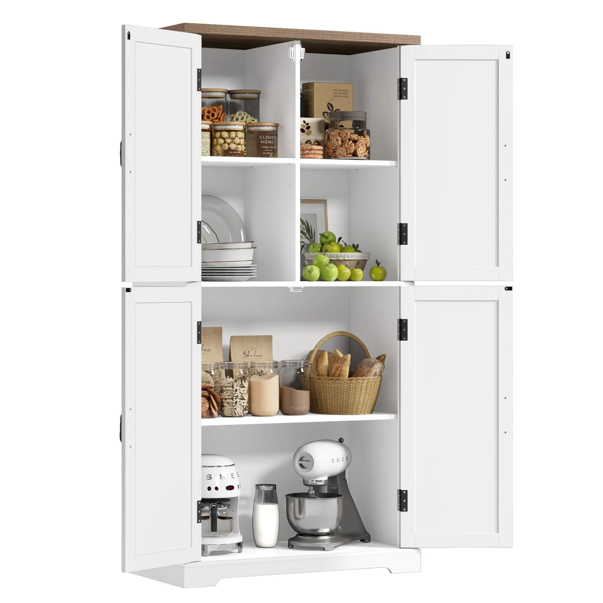 HOSTACK 64 Pantry Cabinet, Tall Kitchen Pantry Storage Cabinet, Modern Farmhouse Bathroom Storage Cabinet, Large Bookcase, 4 Doors|Adjustable Shelves, for Dining Room, Living Room, Home Office, White