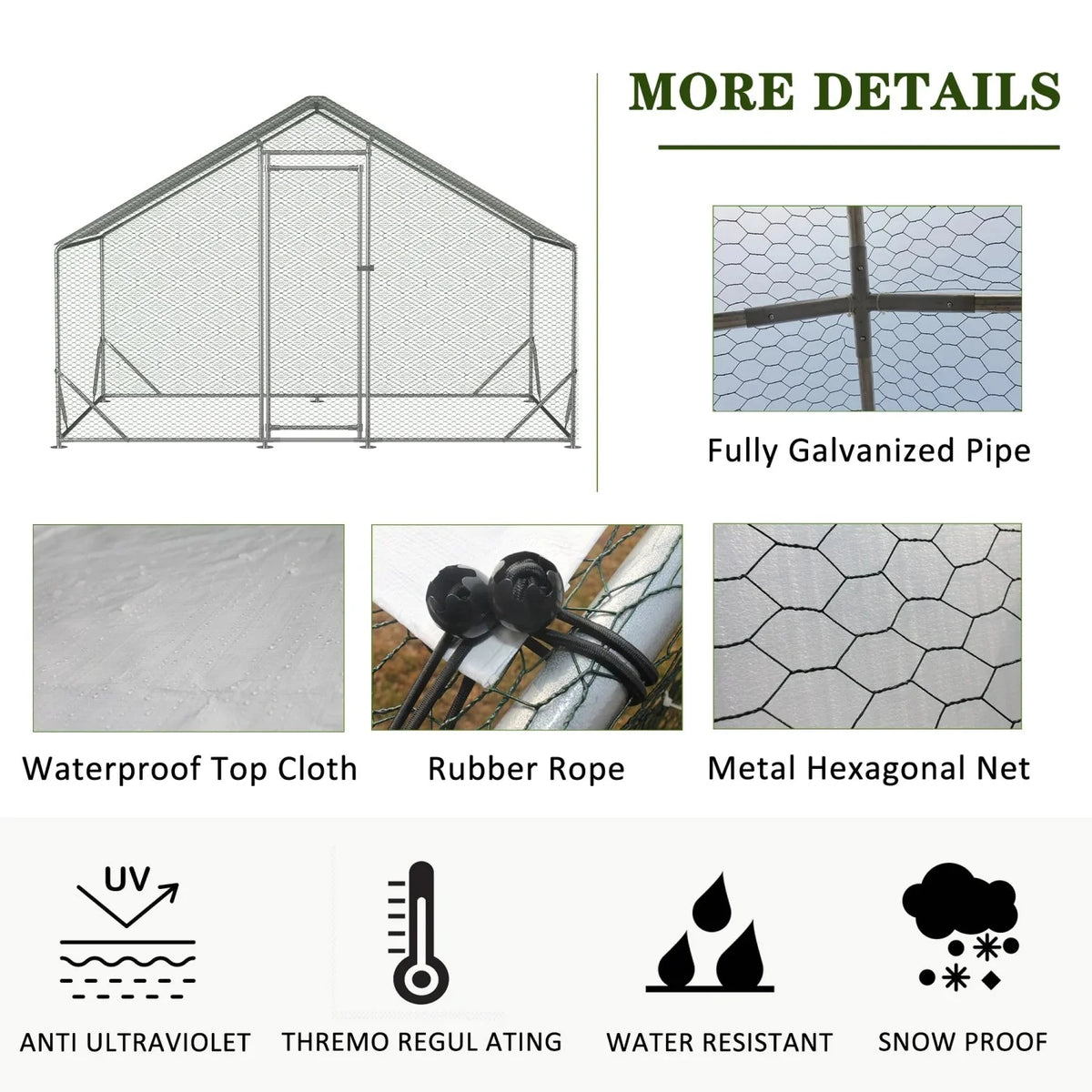Spacious Large Galvanized Metal Chicken Coop with Waterproof and Anti-Ultraviolet Cover Walk-in Chicken Run and Hen Pen Cage for Rabbits and Ducks Outdoor Wire Poultry Cages (10‘ L x 6.