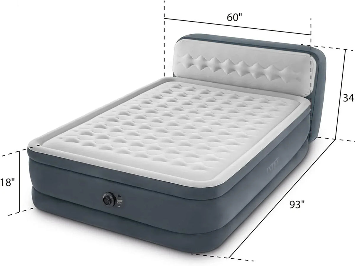Intex 64447ED Dura-Beam Deluxe Ultra Plush Air Mattress with Headboard: Fiber-Tech – Queen Size – Built-in Electric Pump – 18in Bed Height – 600lb Weight Capacity