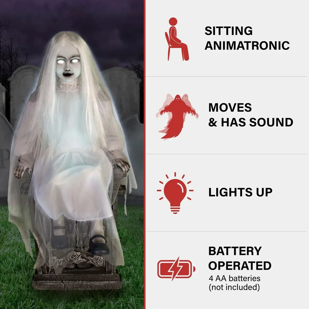 Motion-Activated Sitting Tombstone Girl by Tekky, Talking Animatronic for Ind...