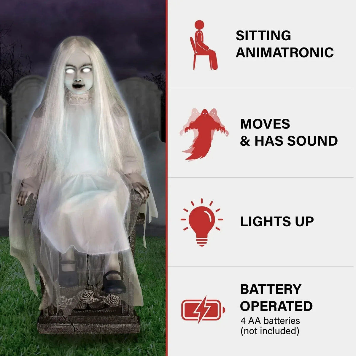 Motion-Activated Sitting Tombstone Girl by Tekky, Talking Animatronic for Ind...