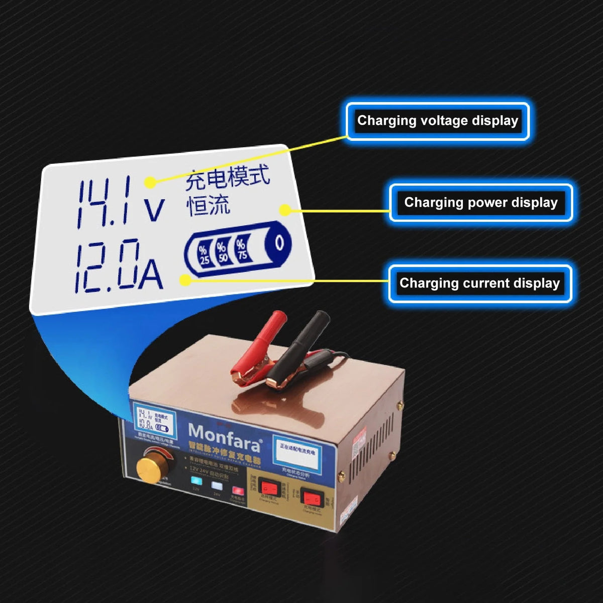 XWQ Battery Charger Pulse Repair High Power Antiflaming 400W 12V 24V Storage Battery Maintainer for Car