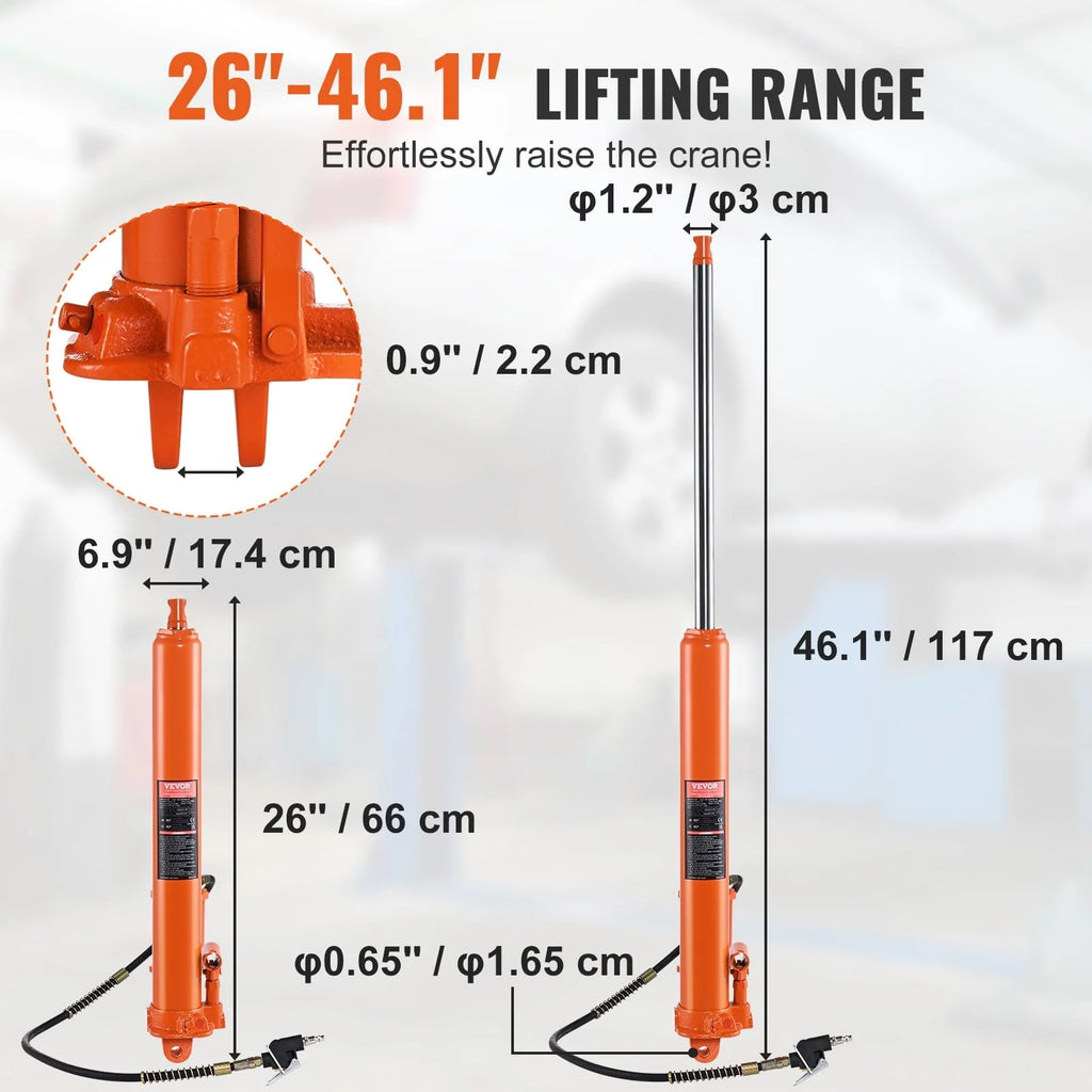 BENTISM Hydraulic Long Ram Jack, 8 Ton Engine Hoist Cylinder with Air Pump and Single Piston Pump, Hydraulic Ram Cylinder Clevis Base for Engine Lift Hoists, Garage/Shop Cranes, Mechanical, Farm