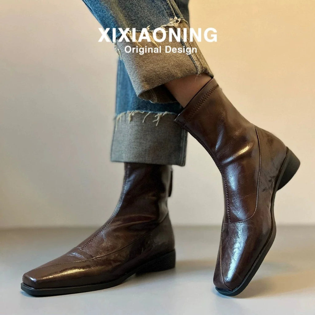 Women French Retro Slim Ankle Boots, Genuine Leather Back Zipper Stretch Boots, Elegant Slimming Block High Heel Short Boots