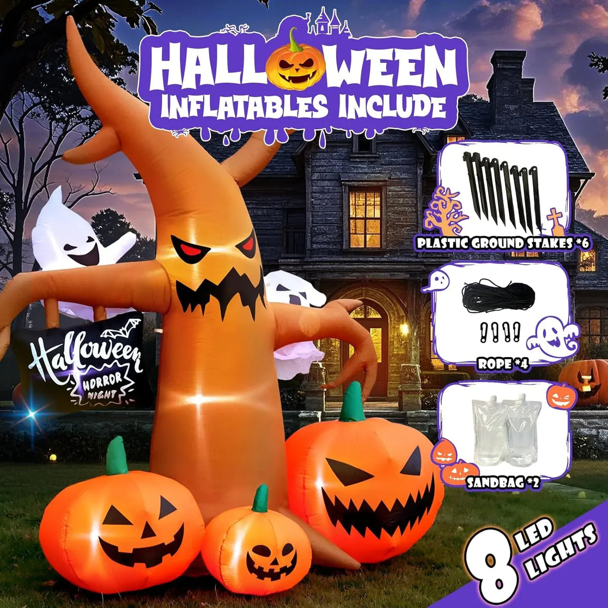 Halloween Inflatables Large Outdoor Decorations: 8FT Spooky Halloween Tree Decor with Blow up Ghosts, Pumpkins Built-in LED Lights for Halloween Party Outside Lawn Yard Decoration