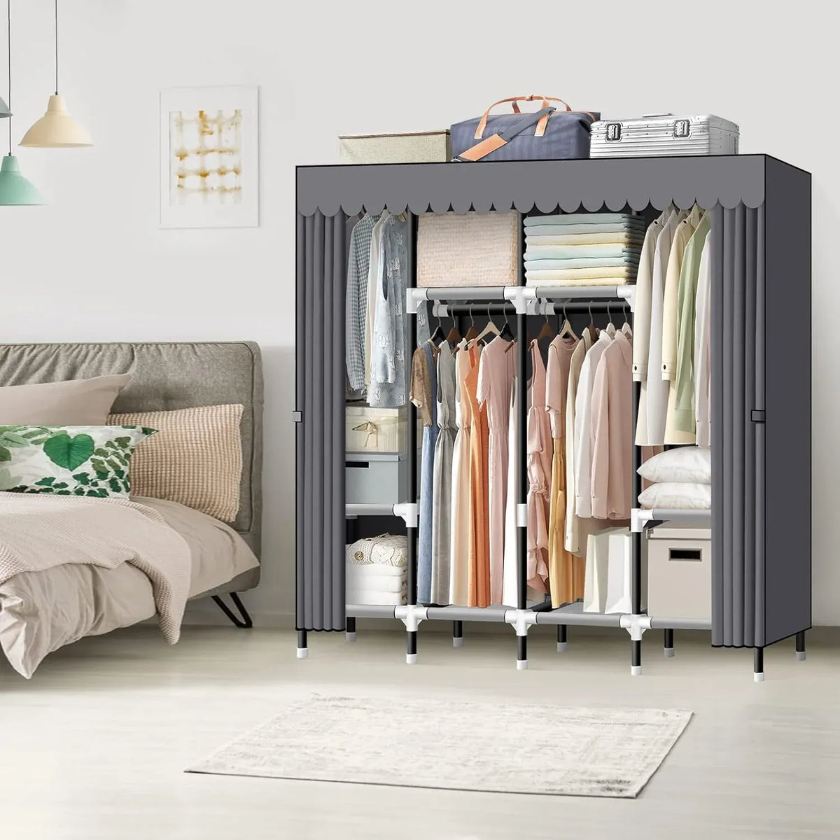 Portable Closet, 67 Inch Wardrobe Closet for Hanging Clothes with 4 Hanging Rods, 25mm Steel Tube Clothes Storage Organizer for Extra Sturdy, Quick and Easy to Assembly, Gray Cover