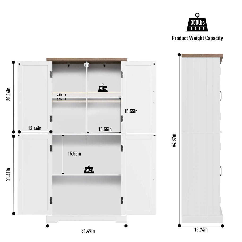 HOSTACK 64 Pantry Cabinet, Tall Kitchen Pantry Storage Cabinet, Modern Farmhouse Bathroom Storage Cabinet, Large Bookcase, 4 Doors|Adjustable Shelves, for Dining Room, Living Room, Home Office, White