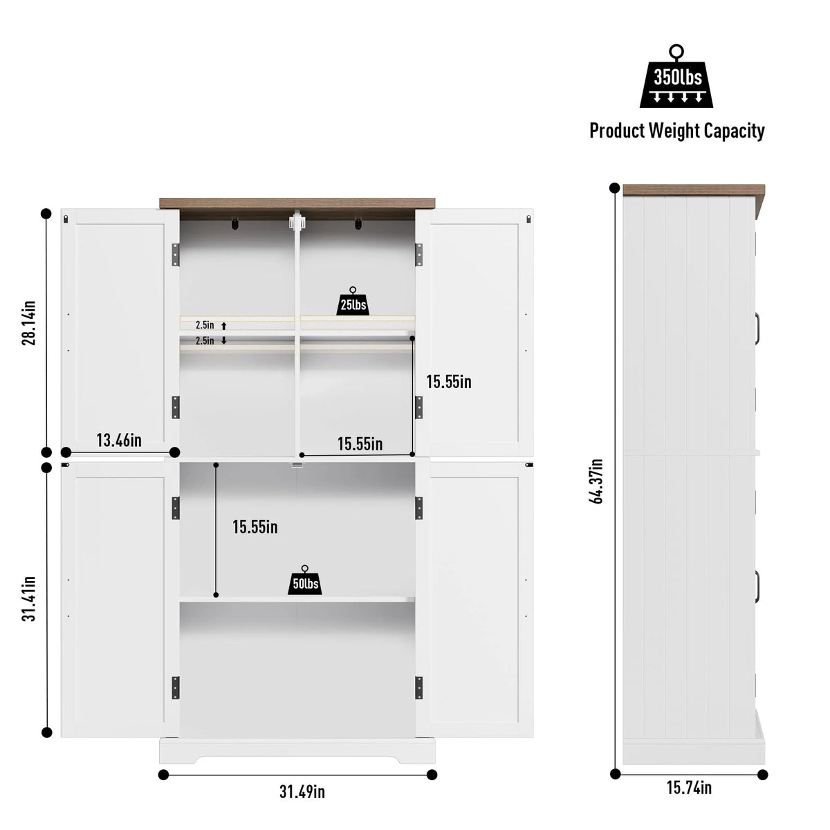 HOSTACK 64 Pantry Cabinet, Tall Kitchen Pantry Storage Cabinet, Modern Farmhouse Bathroom Storage Cabinet, Large Bookcase, 4 Doors|Adjustable Shelves, for Dining Room, Living Room, Home Office, White