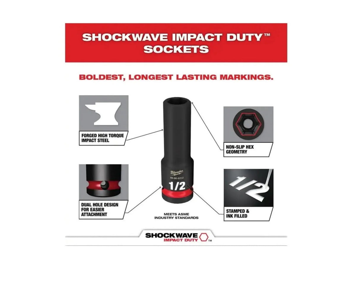 Milwaukee 49-66-7093 SHOCKWAVE 1/2 in. Drive SAE Deep Well 6 Point Impact Socket Set (18-Piece)
