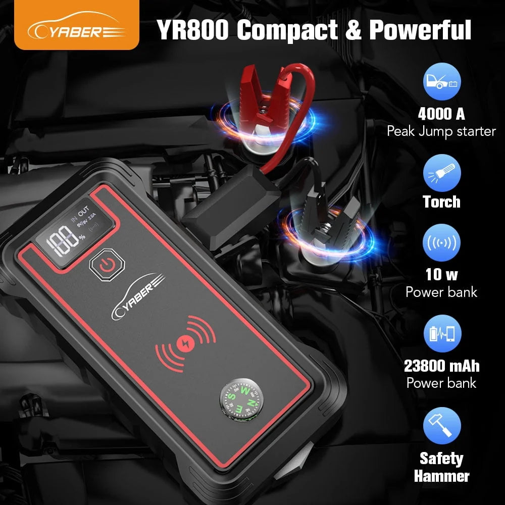 Car Jump Starter 4000A 23800mAh Auto Booster(All Gas or 8.0L Diesel) Wireless Charger YABER