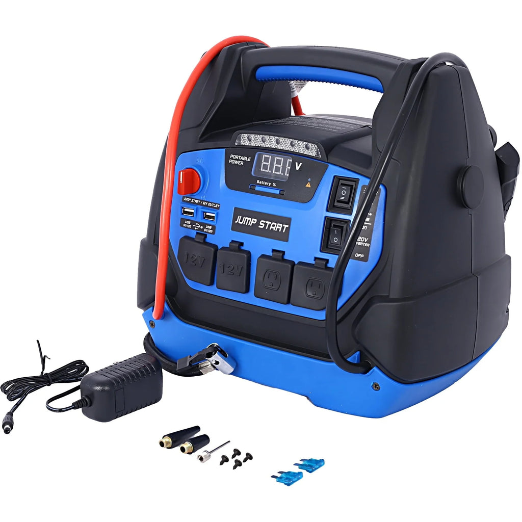 Rechargeable Jump Starter for Gas Diesel Vehicles, 1800 Amps with Air Compressor and AC, 12V DC