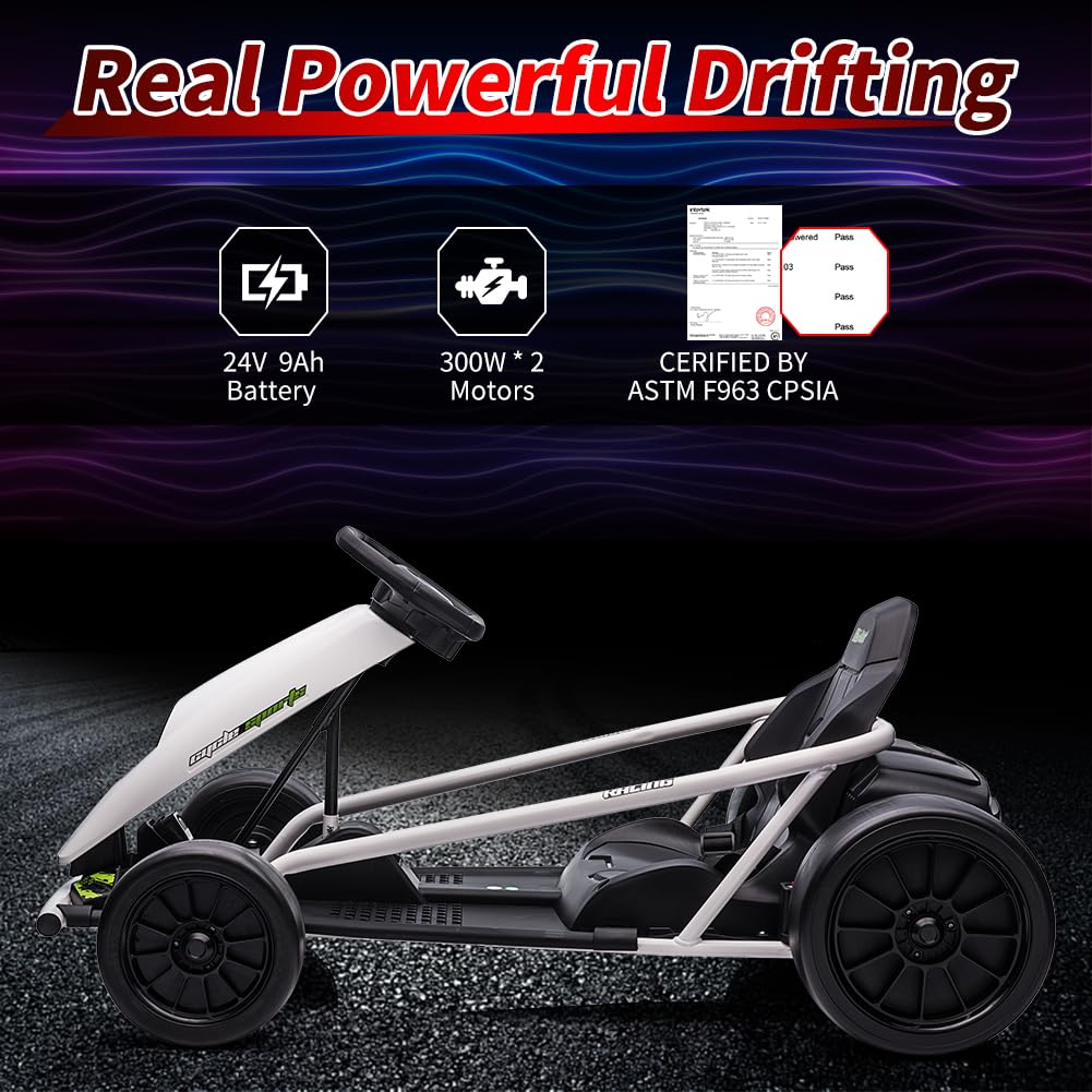 24V Electric Go-Kart for Kids Ages 8-12, Dual 300W Motors, 9Ah Battery