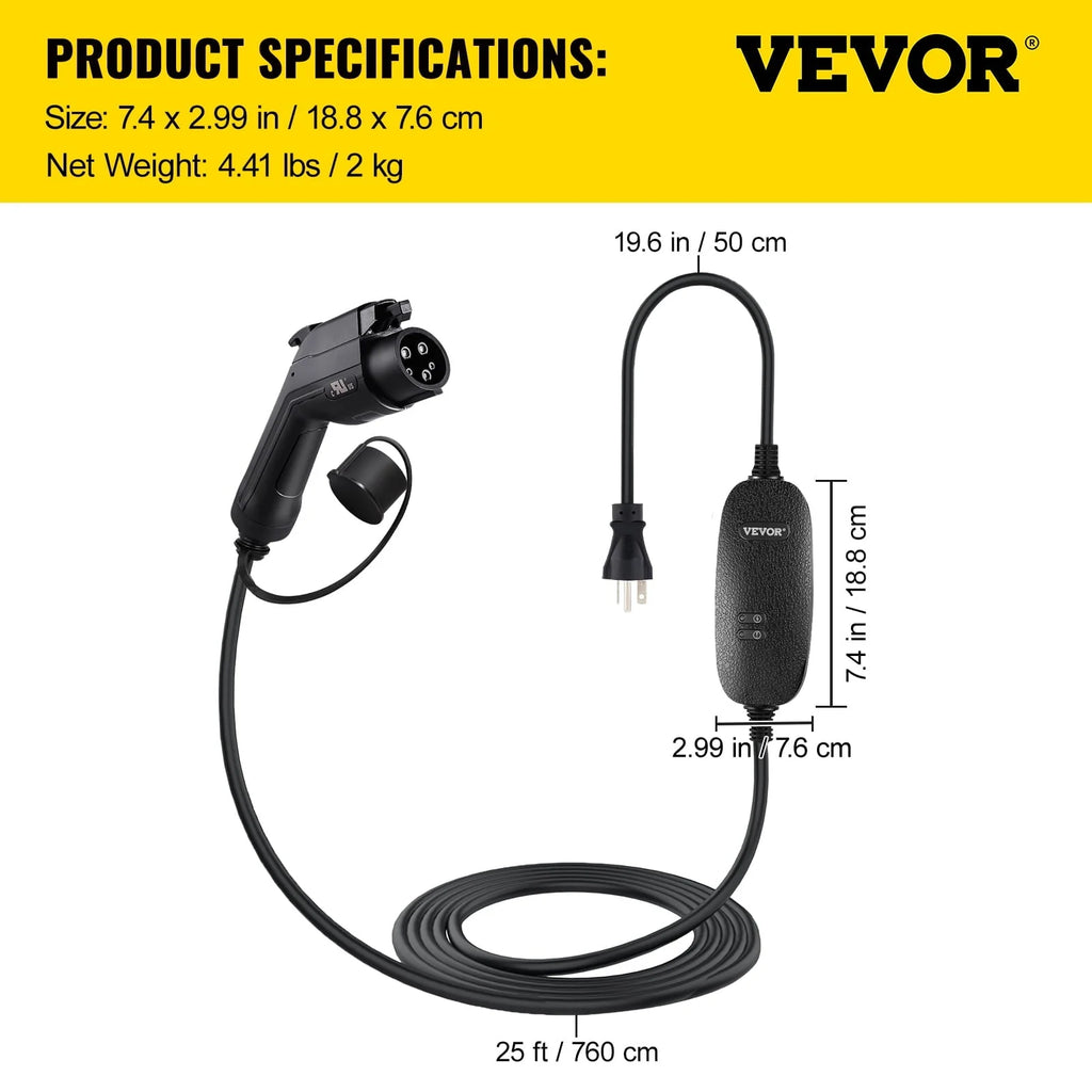 VEVOR Level 2 EV Charger, 16 Amp 110V-240V 3.84 kW, Portable Electric Vehicle Charger with 25 ft Charging Cable NEMA 6-20 Plug, SAE J1772 Standard Plug-in Home EV Charging Station for Electric Cars