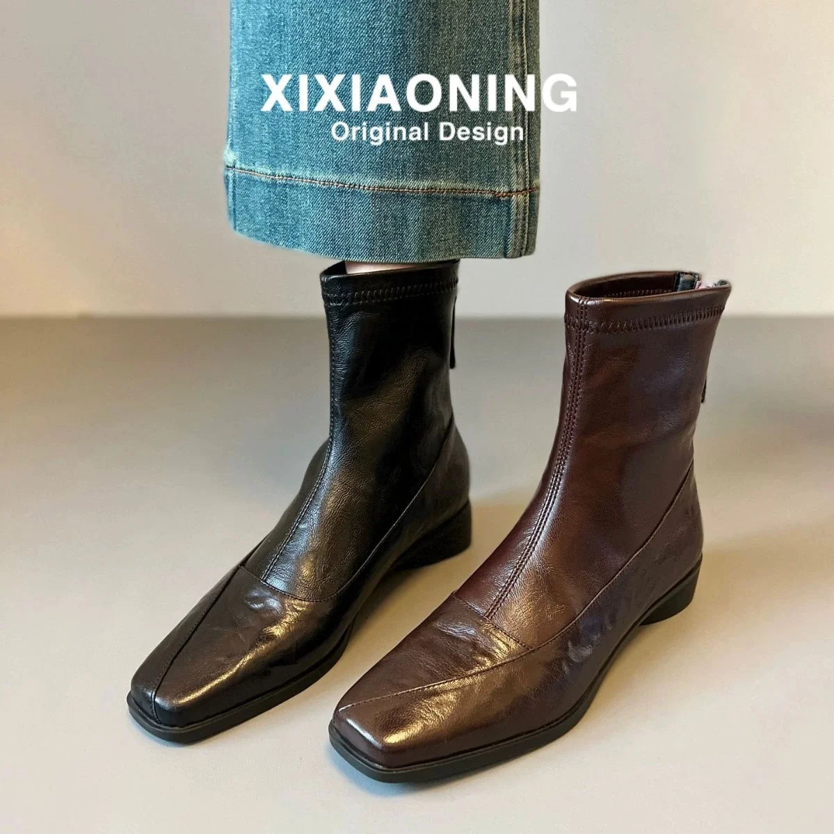 Women French Retro Slim Ankle Boots, Genuine Leather Back Zipper Stretch Boots, Elegant Slimming Block High Heel Short Boots