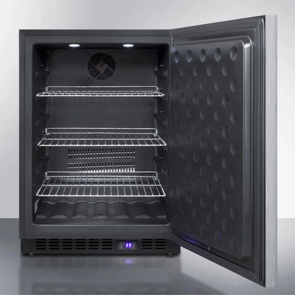 Frost-free built-in undercounter all-freezer for residential or commercial use, with stainless steel door, horizontal handle, and black cabinet