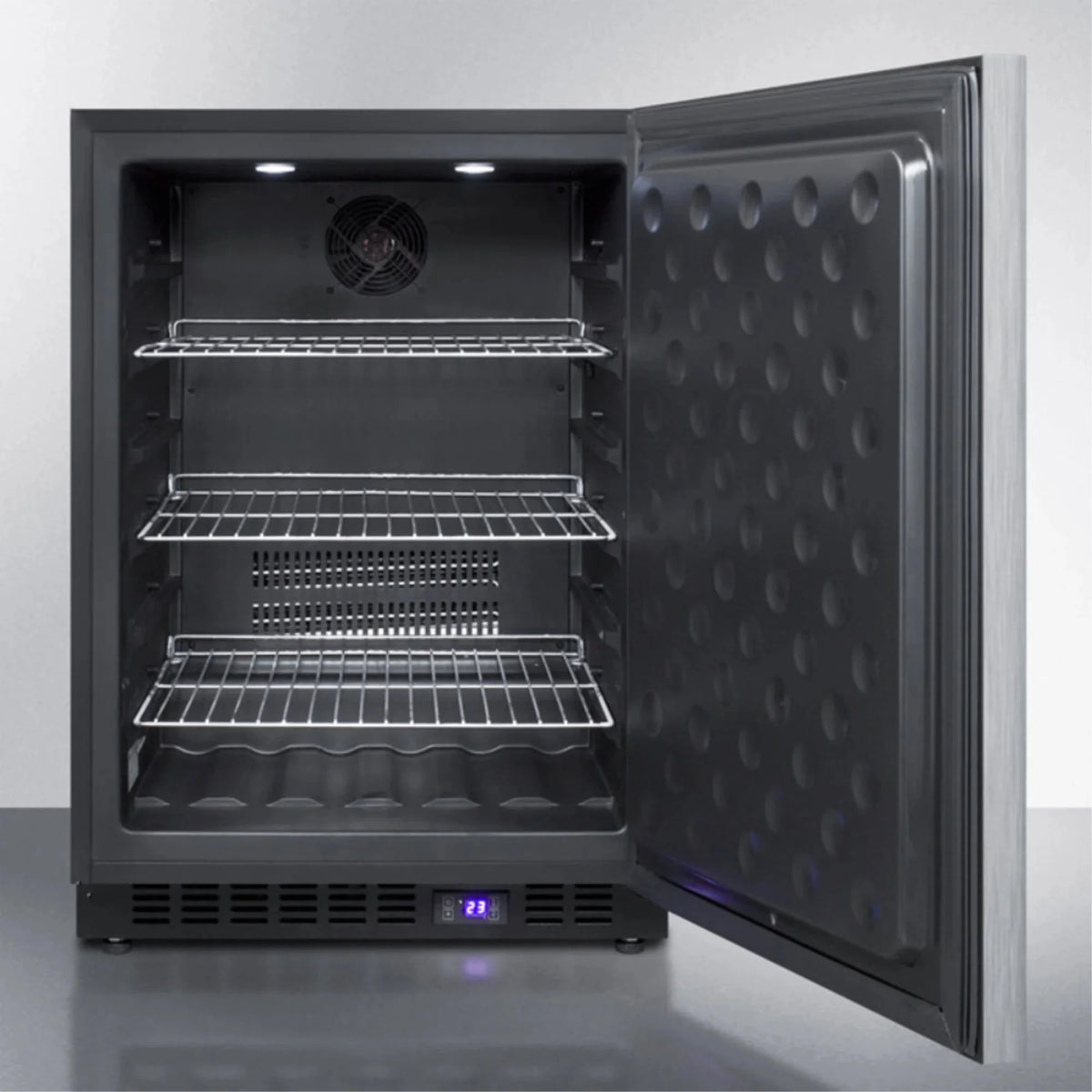Frost-free built-in undercounter all-freezer for residential or commercial use, with stainless steel door, horizontal handle, and black cabinet