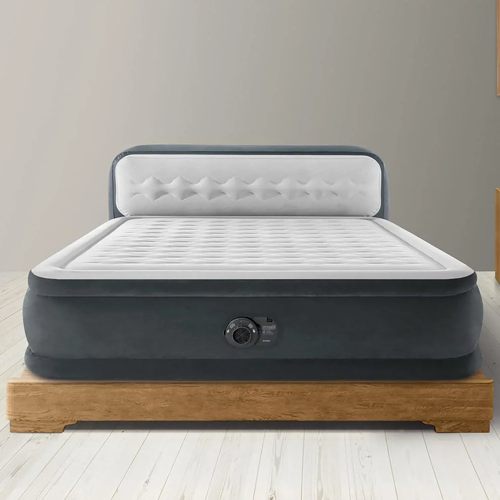 Intex 64447ED Dura-Beam Deluxe Ultra Plush Air Mattress with Headboard: Fiber-Tech – Queen Size – Built-in Electric Pump – 18in Bed Height – 600lb Weight Capacity