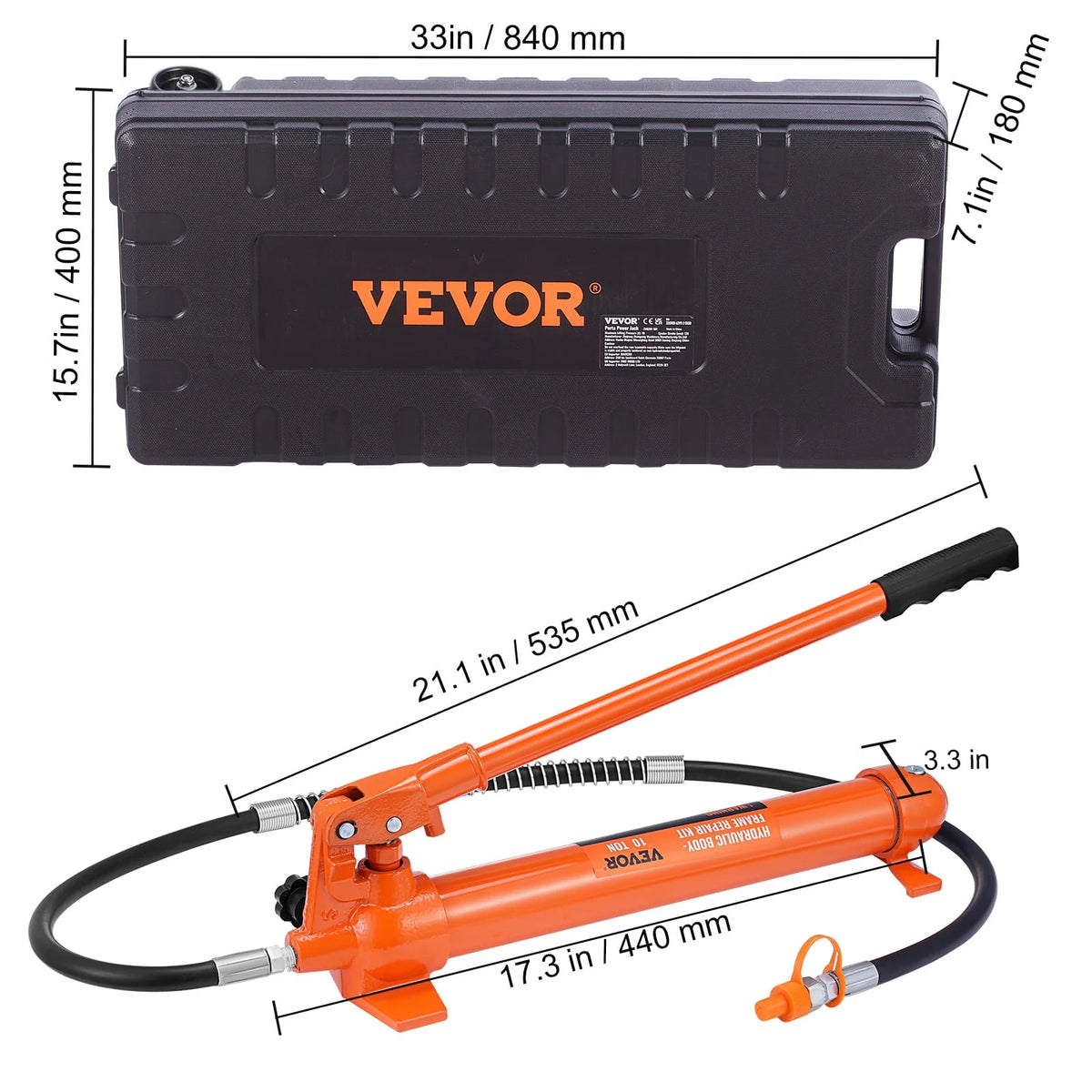 VEVOR 10 Ton Porta Power Kit, Hydraulic Ram with Pump, Car Jack with 4.6 ft/1.4 m Oil Hose, Bent Frame Repair Tool with Storage Case for Automotive, Garage, Heavy Equipment, Mechanic (22046 LBS)