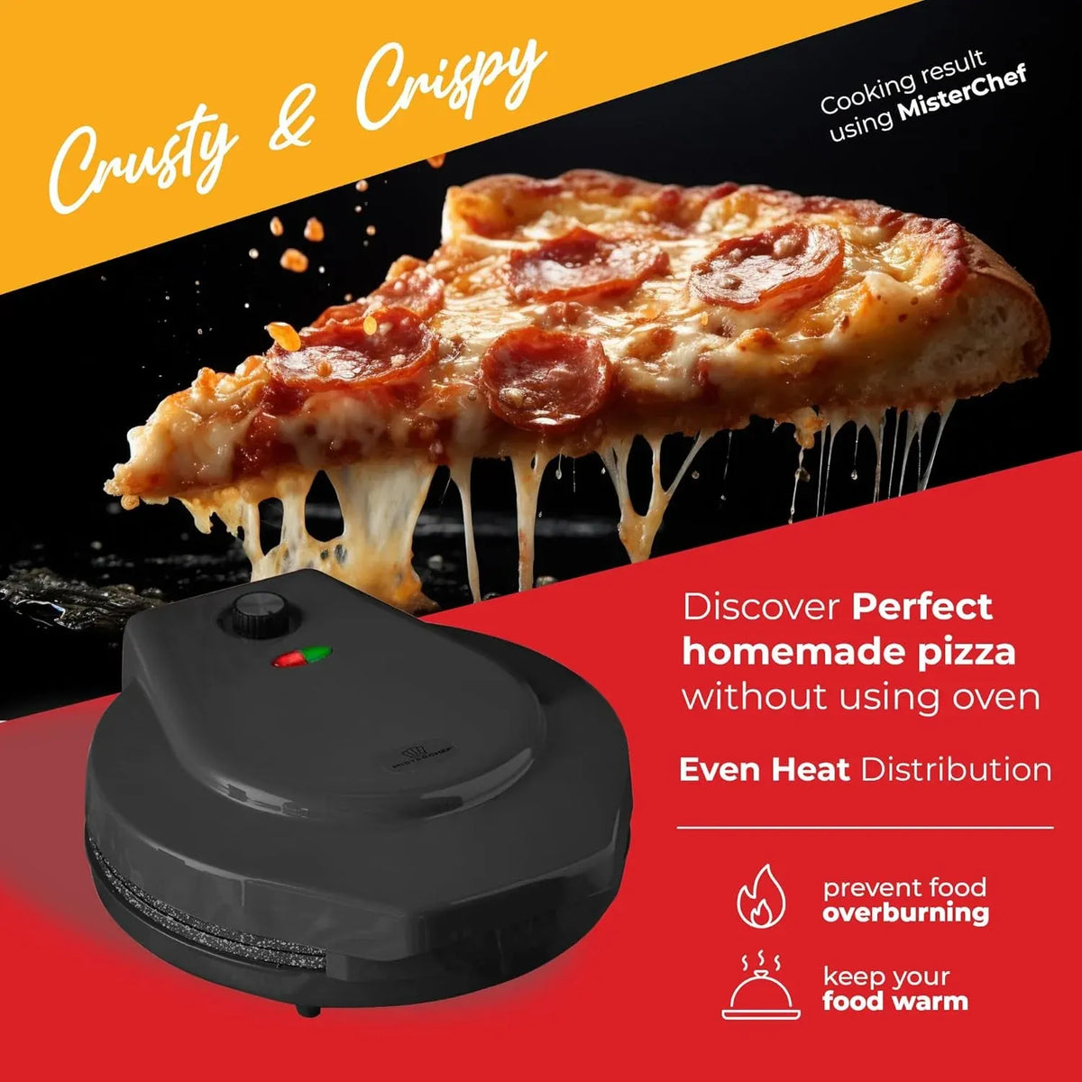 Countertop Pizza Maker, 1450W Mini Pizza Oven, Pizza Maker Oven With 12′′ Non-Stick Ceramic Plate, Indoor Electric Pizza Oven for Crepes, Pancakes - Black