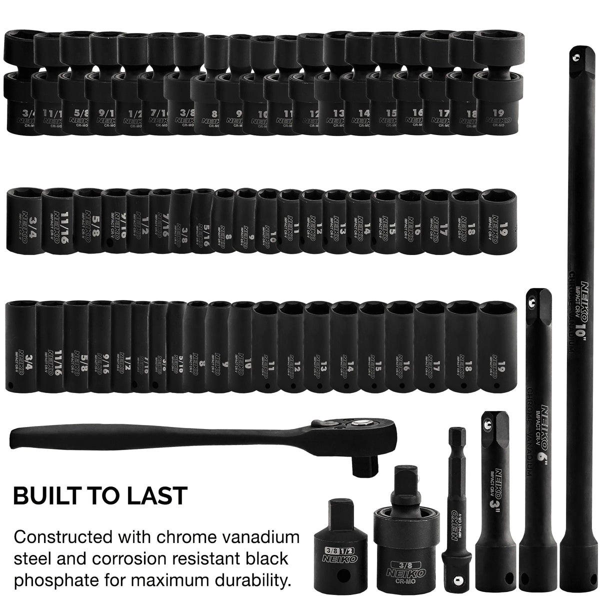 NEIKO 02471A Impact Socket Set, 3/8” Drive, 67 Piece, Metric and Standard Master Socket Set with Shallow & Deep Sockets, Ratchet, Swivel Sockets, Extension Bars, Adapters, Cr-V & Cr-Mo