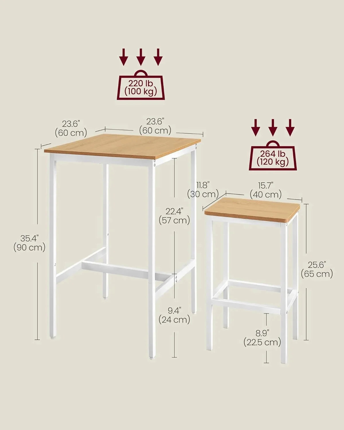 Bar Table and Chairs Set, Square Bar Table with 2 Bar Stools, Dining Pub Bar Table Set for 2, Space Saving for Kitchen Breakfast, Living Room, Party Room, Golden Oak and Cloud White