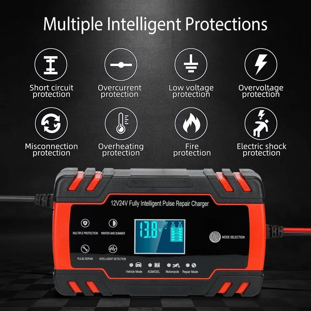 Car Battery Charger 12V 8A 24V 4A Smart Automatic Battery Charger with LCD Display