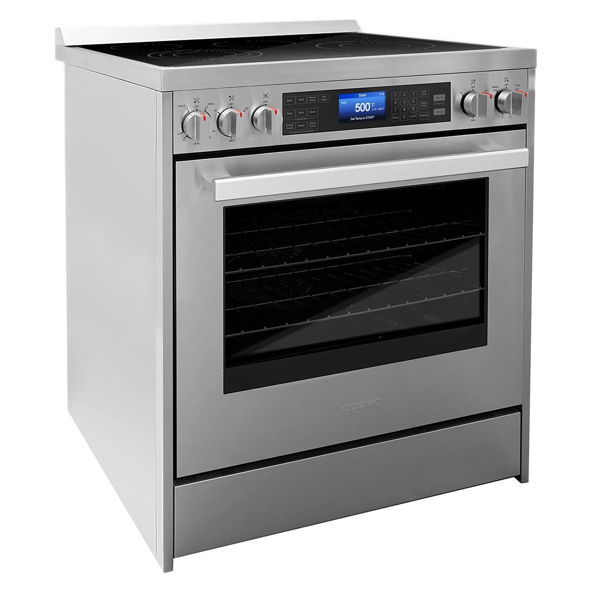 Cosmo 4 Piece Kitchen Appliance Packages with 30 Freestanding Electric Range 30 Wall Mount Hood 24 Built-in Integrated Dishwasher & French Door Refrigerator Kitchen Appliance Bundles