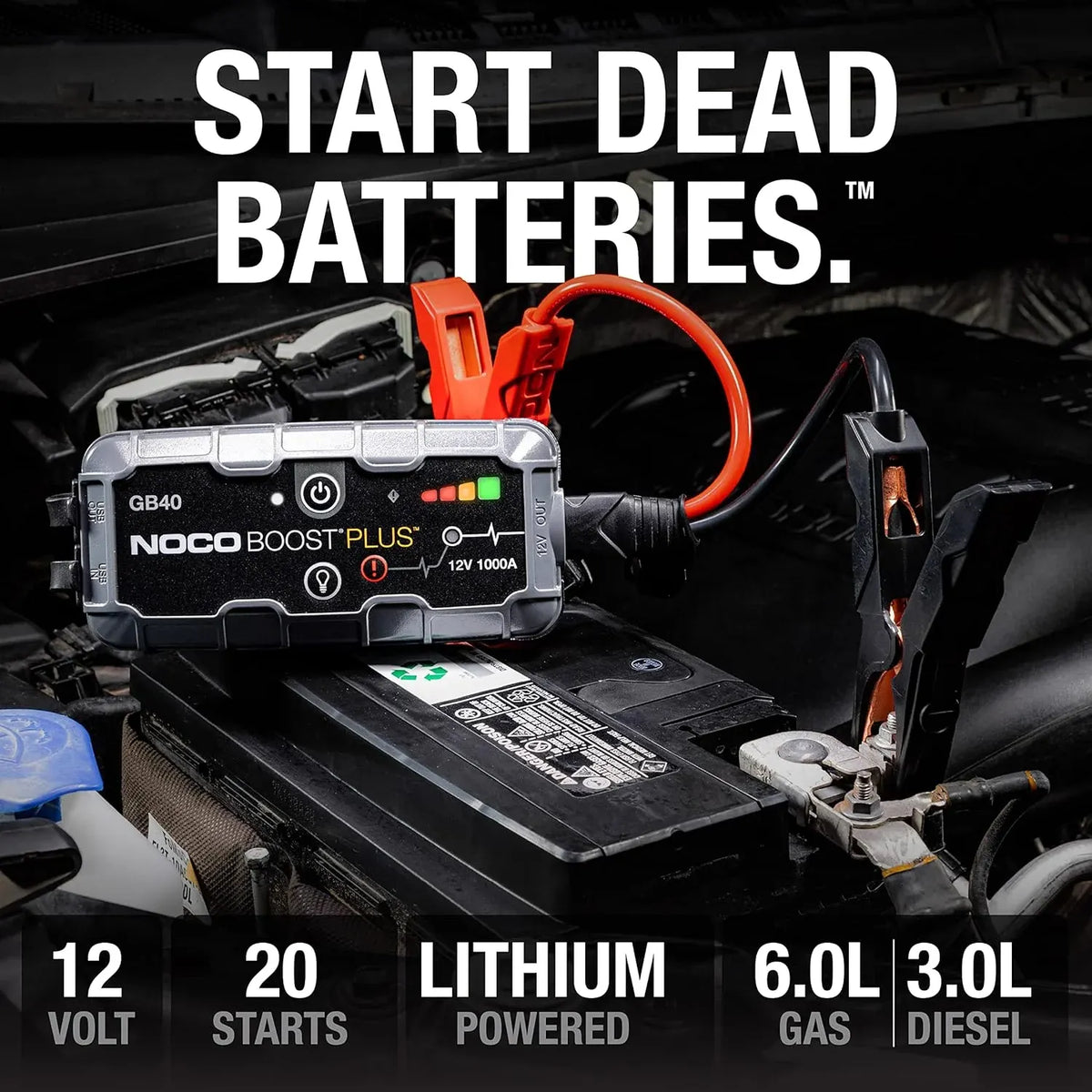 Boost GB40: 1000A UltraSafe Jump Starter â?12V Lithium Battery Booster Pack, Portable Jump Box, Power Bank & Jumper Cables - for 6.0L Gas and 3.0L Diesel Engines