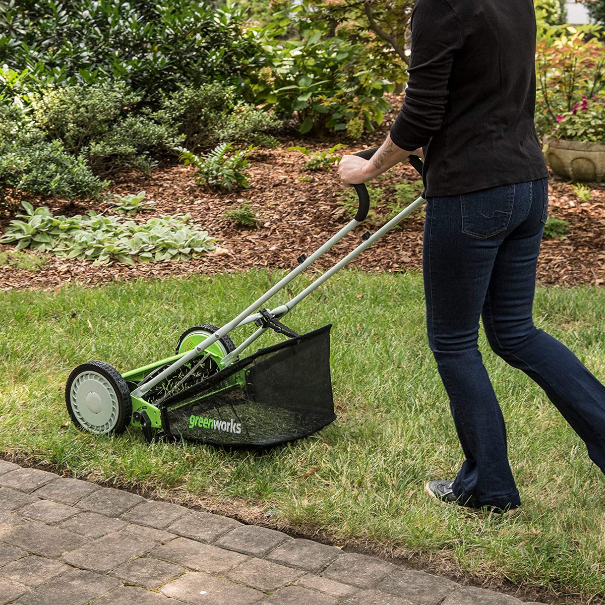 Greenworks 16-Inch Reel Lawn Mower with Grass Catcher 25052，Black/Green， 47D x 22W x 29.75H💝 Last Day For Clearance