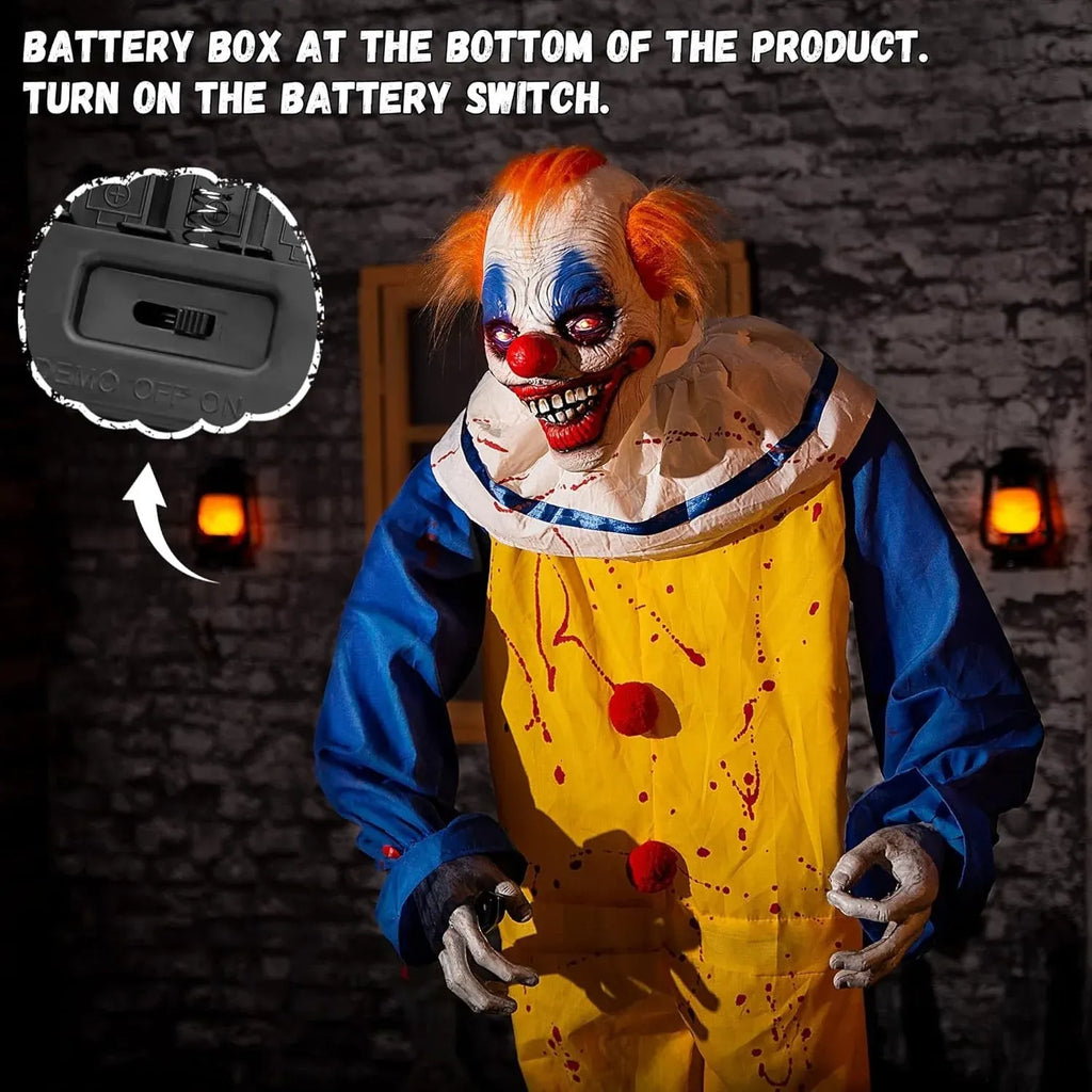 6Ft Animated Killer Clown with Motion, Sound, and Light Up Eyes for Halloween