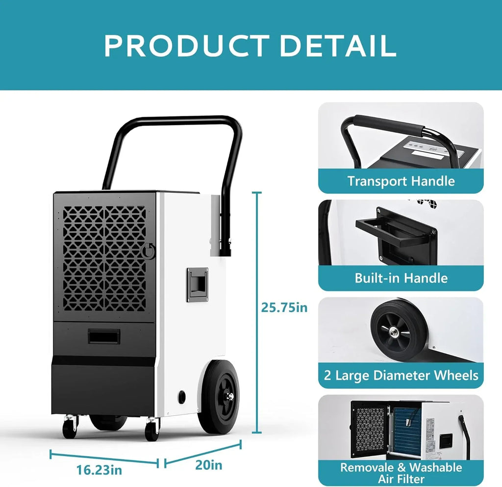 160 Pints Commercial Dehumidifier, Large Dehumidifier With Drain Hose, Timer and 4 Wheels,Industrial Dehumidifiers for Flood Repair, Drying Basement, Warehouse and Factory