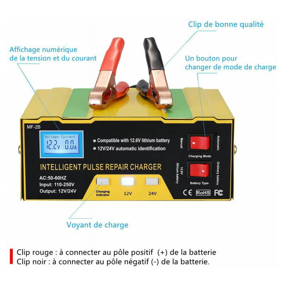 12V/24V intelligent battery charger, pulse repair type digital display charger, suitable for car batteries, batteries, motorcycles