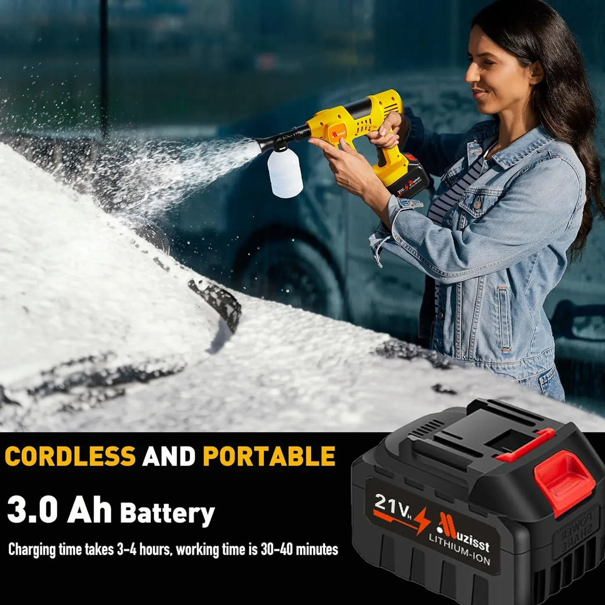 Upgrade Cordless Pressure Washer, 900PSI Battery Powered Pressure Washer with 6-in-1 Nozzle, 10 Speed Adjustment, Remaining Battery Display, Portable Power Washer for Car/Garden/Floor/Yards