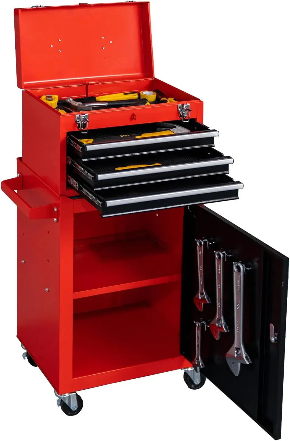 3-Drawer Rolling Tool Chest with Wheels, Large Storage Cabinet and Adjustable Shelf - Removable Portable Top Box with Locking System for Garage, Warehouse (Black & Red)