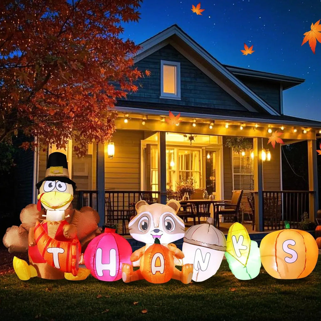 DomKom 8FT Thanksgiving Inflatable Turkey Outdoor Decor - Turkey and Vegetables Blow Up with Lights for Yard, Fun Autumns Fall Harvest Happy Thanksgiving Holiday Inflatable Decoration