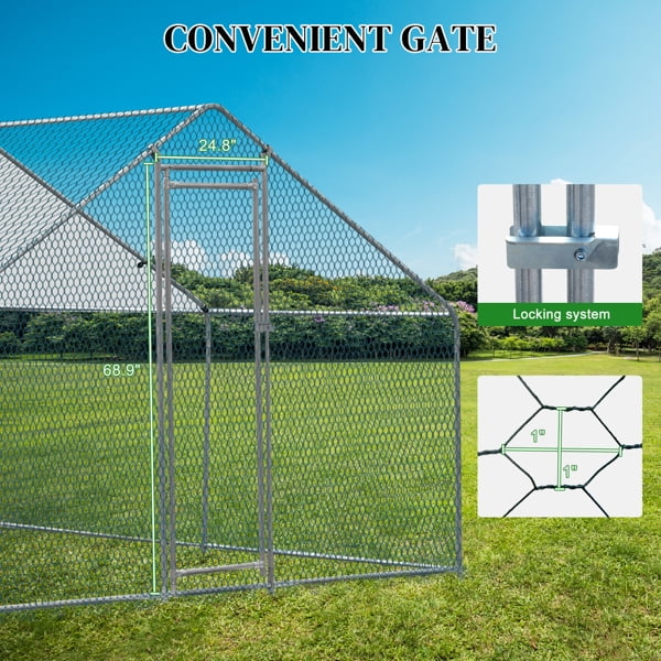 Al Fresco 10 x 10 ft Outdoor Large Metal Chicken Coop, Chicken Run Walkin Poultry Cage for Duck and Rabbit, Hen House with Waterproof Cover, Silver