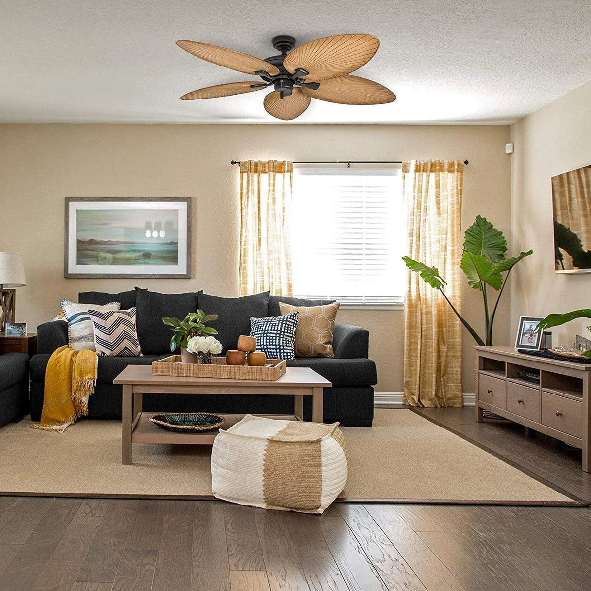 Honeywell Palm Valley 52 Bronze Tropical Ceiling Fan with 5 Palm Blades, 4 Arm Light Kit, Pull Chains & Reverse Airflow