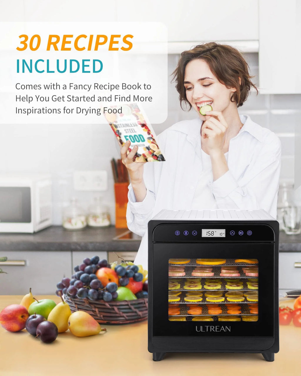 Ultrean Food Dehydrator, 8 Stainless Steel Trays Large Dehydrator, 600w Food Dryer Machine for Jerky, Fruit, Veggies, Meat, Yogurt, Adjustable Digital Timer and Temperature Control (Rscipe Book Included)