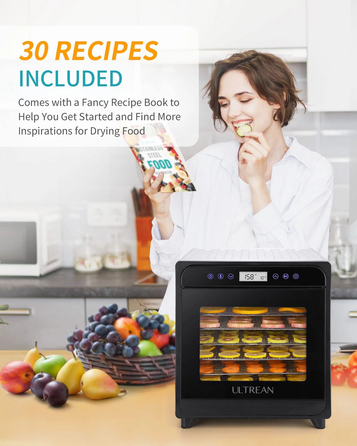 Ultrean Food Dehydrator, 8 Stainless Steel Trays Large Dehydrator, 600w Food Dryer Machine for Jerky, Fruit, Veggies, Meat, Yogurt, Adjustable Digital Timer and Temperature Control (Rscipe Book Included)