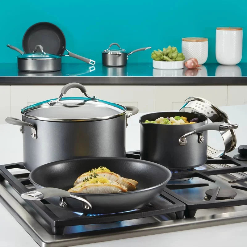 Circulon 84569 Elementum 7.5 qt. Hard-Anodized Aluminum Nonstick Stock Pot in Oyster Gray with Glass Lid